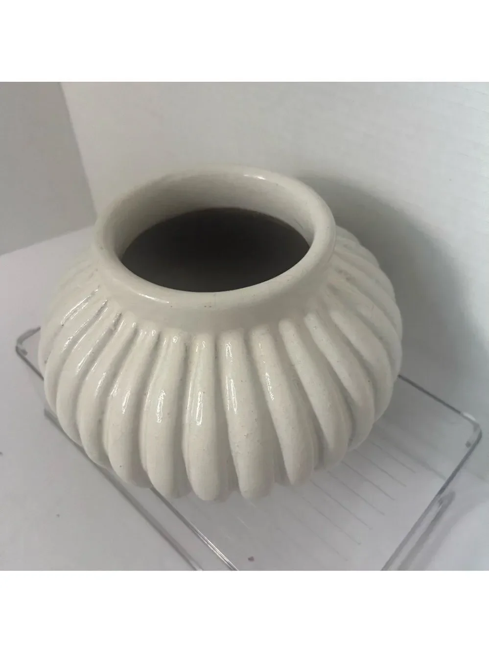 POTTERY BARN Ceramic Ribbed Floral Vase Trinket Dish Minimalist White 7x5”